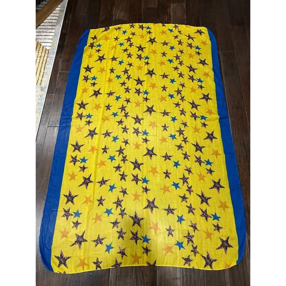 Star Print Rectangle Scarf Yellow Blue Shawl Wrap Lightweight Playful Print - Picture 3 of 7